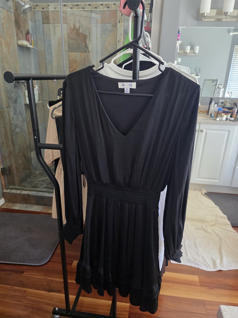 She + Sky Black V-Neck Long Sleeve Smocked Waist Dress